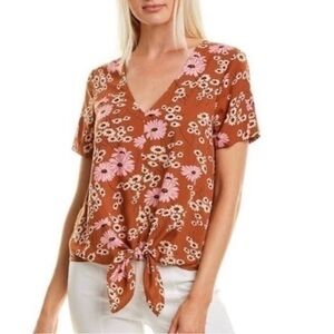MADEWELL MULTICOLOR HILLSIDE DAISIES SHORT SLEEVE NOVEL TIE-FRONT TOP
